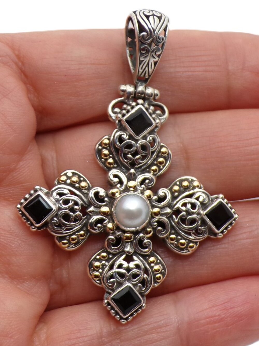Filigree Cross Pendant Necklace with Pearl and Black Stone Accents